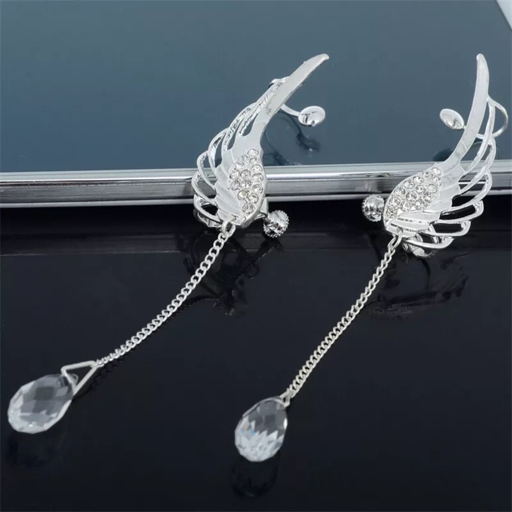 Angel Wings Water Drop Crystal Clip On Earrings - Picture 6 of 12